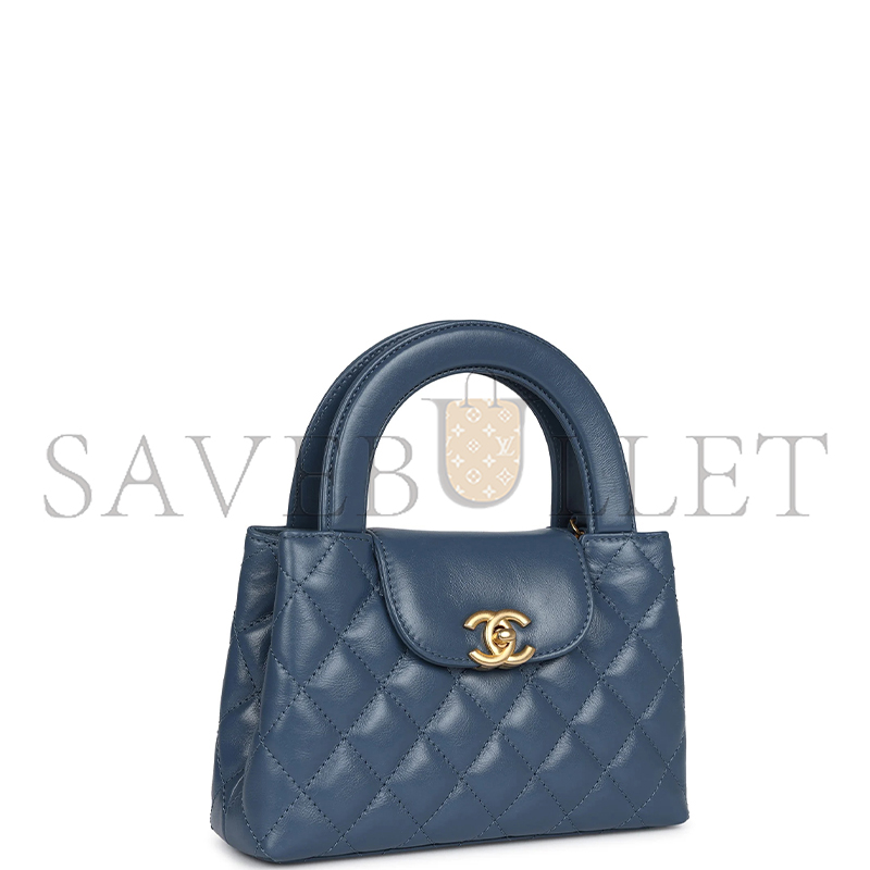Ch*el master kelly shopper blue shiny calfskin brushed gold hardware as4416 (19*13*7cm)